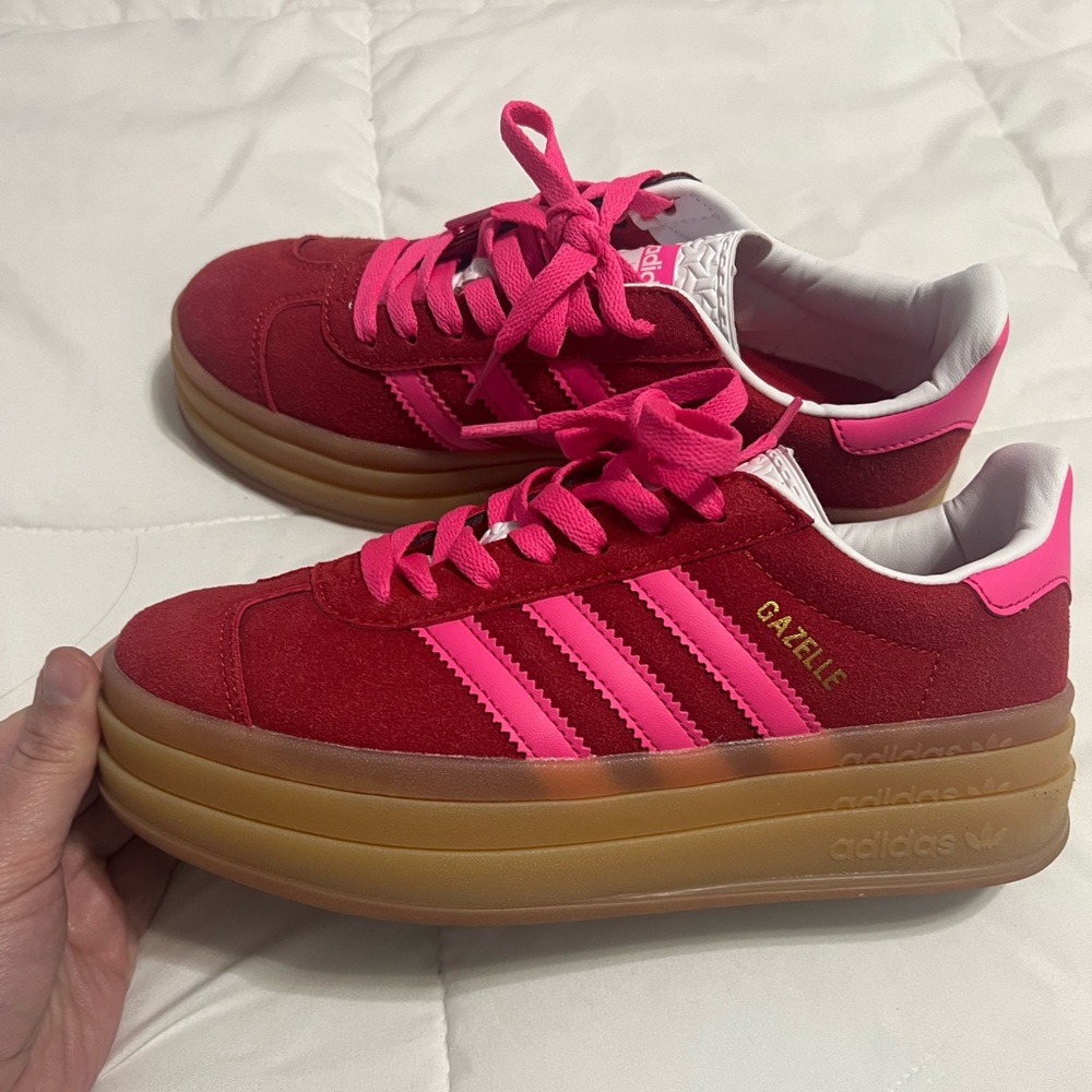 adidas Gazelle Sneakers in Red and Hot Pink with Gum Sole - Picture 3 of 8